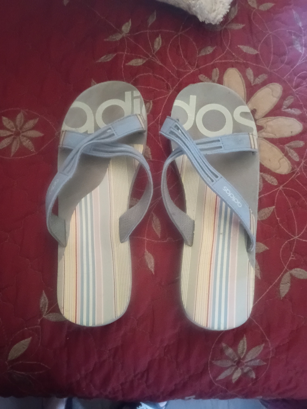 adidas Women’s Light Gray/Blue Slide Sandals with Multicolor Stripe Footbed